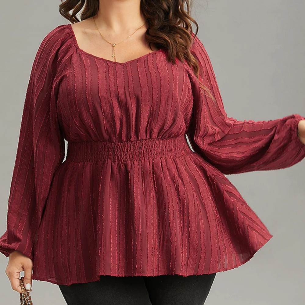 Plain Textured Shirred Lantern Sleeve Gathered Blouse 6X 30
